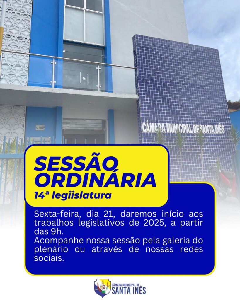 A Câmara Municipal de Santa Inês inicia, nesta sexta-feira, 21 de fevereiro, os trabalhos legislativos de 2025, dando início a um novo ano de importantes debates e decisões para a nossa cidade. A sessão será um momento fundamental para fortalecer o diálogo entre os vereadores e a população. Para quem não puder estar presente no plenário, a transmissão ao vivo estará disponível nos canais oficiais da Câmara, proporcionando uma forma acessível de acompanhar as ações que moldarão o futuro de Santa Inês.